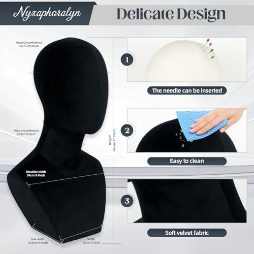 Mannequin Head with Shoulders – Display Model for Wigs, Hats, Jewelry, Sunglasses – Soft Velvet Stand Bust for Store & Home Display (Elegant Black) - Image 5