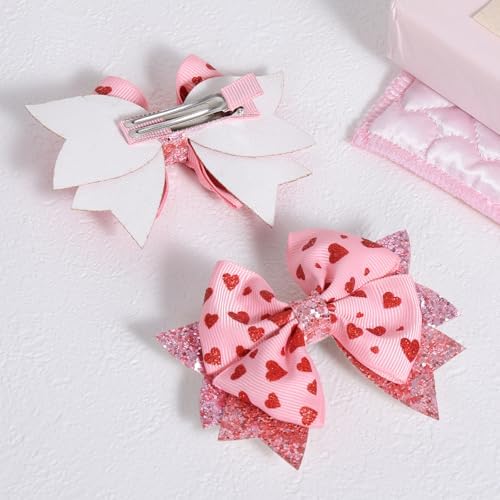 Glitter Pink Valentines Hair Bows for Girls 2pcs 3.5" Red Heart Ribbon Dressy Bow Alligator Clips for Women Wedding Party outfit Decor Accessory Her Birthday Favor Gift - Image 2