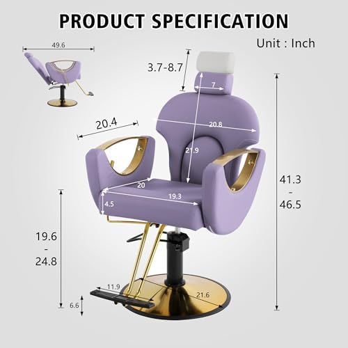 KIGOTY Salon Chair for Hair Stylist, 360° Swivel Reclining Barber Chair for Barbershop, Height Adjustable Hair Chairs, Hairdresser Braiding Styling Chairs, Beauty Spa Equipment (Purple) - Image 2
