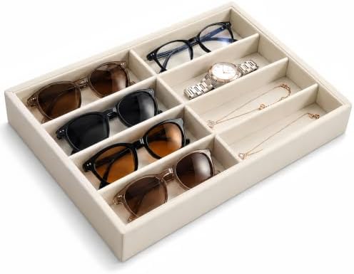 Amzlink® Sunglass Organizer Tray, 8 Slot Velvet Glasses Holder for Eyeglasses, Sunglasses, Jewelry & Watch Display, Men's/Women's Drawer Dresser Vanity Nightstand Storage, Beige by Unknown