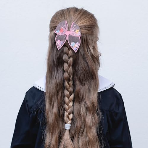 Floral Butterfly Fairy Hair Bow Clips 4" for Girls Women, 2pc Pink Mesh Tulle Shaker Fable Bow Alligator Hairpins, Spring Summer Birthday Wedding Party Dress Accessory Gift - Image 4