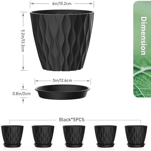 Meowell 6 inch Plant Pots, 5 Pack Flower Pots for Indoor Outdoor Plants, Water Ripples Plastic Planters with Drainage Holes and Saucers, Nursery Pots for Small Succulent Garden House Plants, Black - Image 2