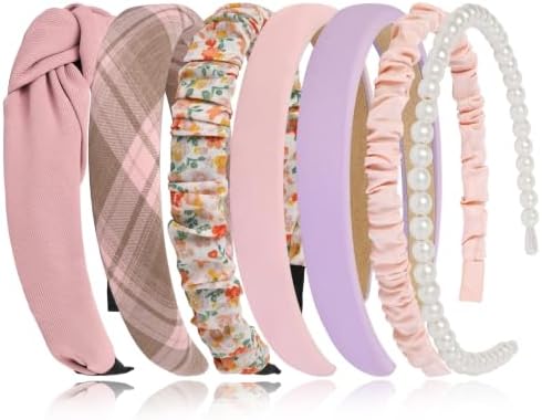 7 Pcs Headbands for Women Girls, Non Slip Cute Pearl Floral Padded Vintage Wide Fashion Multi-style Headbands for Girls (Pink A) by Unknown
