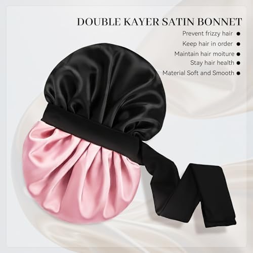 Silk Bonnet for Sleeping Satin Hair Bonnet Double Layer Adjustable Sleep Cap with Elastic Tie Band - Image 2