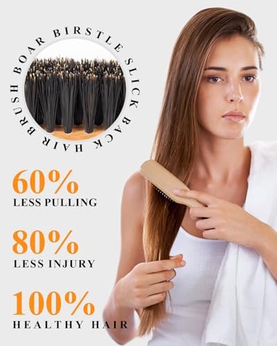 Peach Wood Boar Bristle Slick Back Hair Brush & Rat Tail Comb Set - Controls Frizz, Smooths Flyaways, Restores Shine - Creates Sleek Ponytails, Buns & Edge Control, Teasing for Women & Kids - Image 3