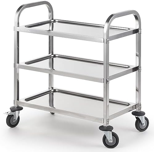 CURTA Stainless Steel Serving Trolley, 30" L x 16" W x 33" H 3 Tiered Shelf Kitchen Utility Cart, Rolling Casters Brake Wheel, Commercial Pro for Restaurant/Hotel/Lab/Clinic/Salon/Workshop by CURTA
