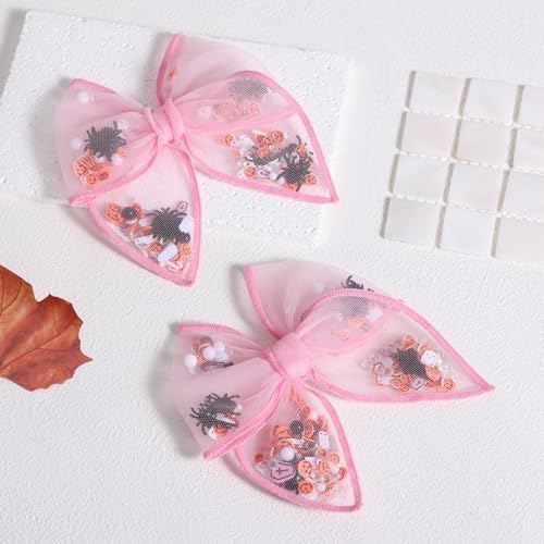 Halloween Bows for Girls Women 4in Pink Ghost Mesh Ribbon Tulle Bow Alligator Clips 2pc Fable Shaker Hair Bow Barrettes Teens Toddler Kids outfit Dress Costume Party Accessory Gift - Image 2