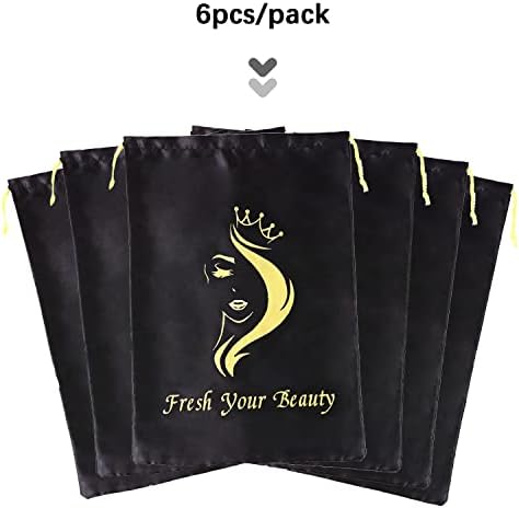 Silk Satin Pouches with Drawstring - Soft Hair Packaging Bags for Bundles, Wigs, Tools & Salon Use (6 PCS Black) - Image 2