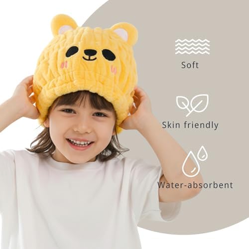 Microfiber Hair Towel Wrap for Kids, Yellow Bear Toddler Quick Dry Cap - Image 3