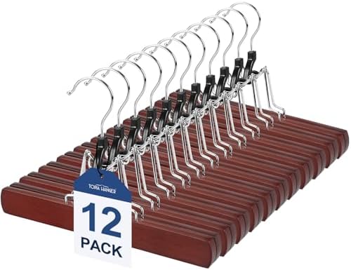 TOPIA HANGER 12 Pack Wooden Pants Hangers, Hair Extension Hangers Non Slip Skirt Hanger Wood Clamp with Velvet Padded 360° Swivel Hook for Jeans, Skirts, Trousers, Wigs Cherry CT67M by TOPIAHANGER