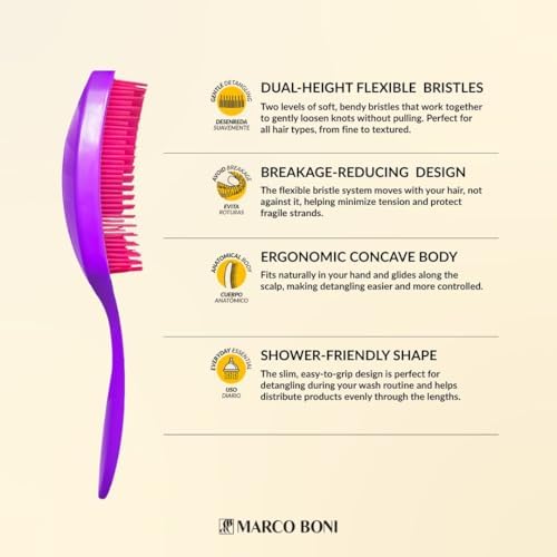 Marco Boni Free Flex Detangling Hair Brush, Flexible Hairbrush for Wet & Dry Hair, Pain-Free Detangler, Ergonomic Handle, All Hair Types, Açaí Burst - Image 3