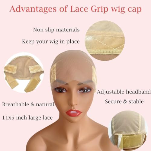 Lace Wig Grip Cap for Glueless Wig 11x5 Large Transparent Lace Reusable Wig Cap, Grip Cap for Lace Frontal Wigs to Keep Wigs in Place, Adjustable Wig Cap with Non Slip Grip Band for Women (Beige) - Image 2