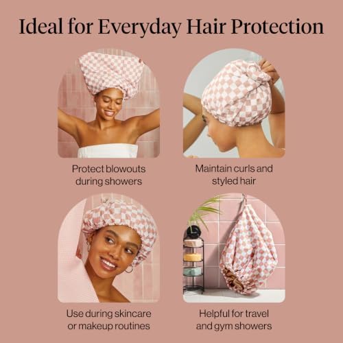 Kitsch Luxury Satin-Lined Flexi Shower Cap for Women - Terracotta Checker - Image 4