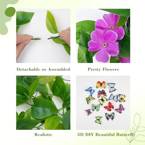 BLEUM CADE Artificial Hanging Flowers for Outdoors, 2pcs Fake Hanging Plants Pothos Vines with Purple Flowers for Wall Home Living Room Indoor Outdoor Decor (No Baskets) - Image 7