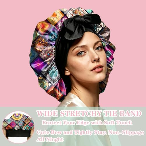 Satin Hair Braid Bonnet for Sleeping Double Layer Tie Band Elastic Wide Soft Silk Lined Nightcap Women Girls Cute - Image 5
