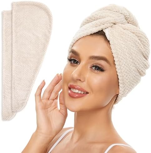 SimpleField 2 Pack Microfiber Hair Towel Wrap for Women, Anti Frizz Quick Drying Hair Turban for All Hair Style, Absorbent and Lightweight (Beige) by SimpleField