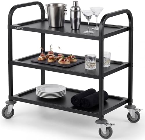 CURTA Black Stainless Steel Serving Cart, 3-Tier Rolling Utility Trolley (34"x18"x36"), Heavy Duty Painted Kitchen Cart on Wheels with Brakes, Commercial Grade for Restaurant, Hotel, Salon & Lab by CURTA