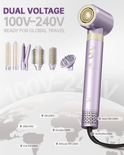 Hair Dryer Brush 7-in-1 Dual Voltage Hot Air Styler – Fast-Drying 110,000 RPM Ionic Blow Dryer with Straightener & Curler Attachments, Frizz-Free Volumizing Styler with Protective Hard Case-Purple - Image 2