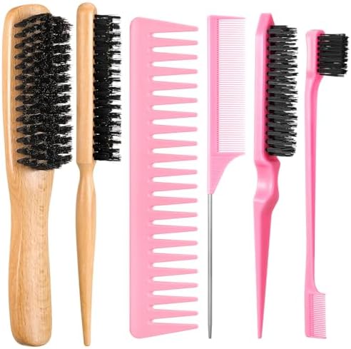 6 Pcs Boar Bristle Slick Back Hair Brush Smoothing Hair Brush for Smooth Frizz Flyaways, Rat Tail Comb Edge Brush Teasing Brush for Men Women by auroray