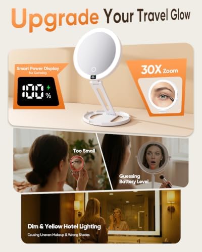 Travel Makeup Mirror with Lights - 1X/30X Magnifying Double Sided Mirror - Image 2