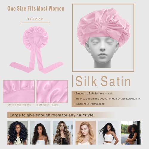 Silk Bonnet for Sleeping Women, Ajustable Hair Bonnet for Curly Hair with Tie Band Shower Caps Pink，Large - Image 5