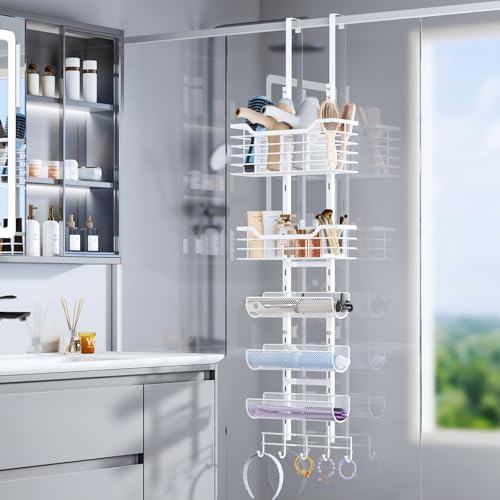 Consumest 6-Tier Hair Tool Organizer - Hair Dryer Holder Over The Door/Wall Mounted DIY Adjustable Shelf Bathroom Door Organizer with Hook for Curling Iron/Blow Dryer/Straightener White - Image 3