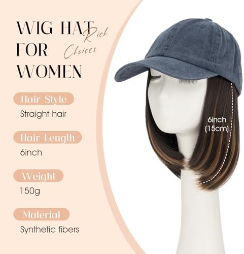 Rich Choices Hat Wigs for Women,Denim Blue Baseball Cap with Hair Extensions for Women,Short Bob Hairstyle Caps with Hair Attached Adjustable Baseball Cap Wig 6 Inch Highlighted Dark Brown Hair - Image 2