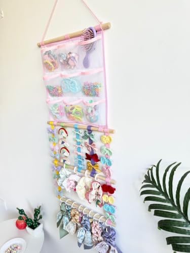 Headband & Hair Bow Organizer for Girls, Wall Hanging Hair Accessories Holder with 20 Hooks & 9 Mesh Pockets, Storage Display for Hair Clips, Scrunchies, Nursery Room Décor(Colorful) - Image 3