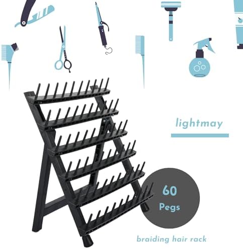 60-Peg Braiding Hair Rack, Foldable Hair Extension Holder with Tools, Black - Image 2