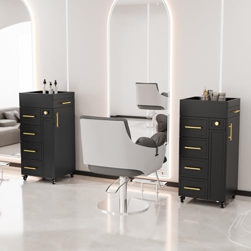 OmySalon Salon Trolley Cart, Hair Styling Station with 5 Drawers, 3 Tool Holders & Adjustable Shelf, Mobile Storage Cabinet Utility Trolley for Barber, Beauty Spa, Home (Black) - Image 2