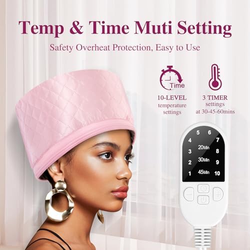 Heat Cap for Deep Conditioning: 10-Level Heats Up Quickly 3 Time Settings Hair Steamer for Natural Hair Home Use Thermal Steam Cap for Black Hair Portable Heating Caps Pink - Image 4