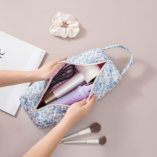 RSRSLEII Quilted Hair Tools Travel Bag with Floral Pattern, Foldable, Blue - Image 2