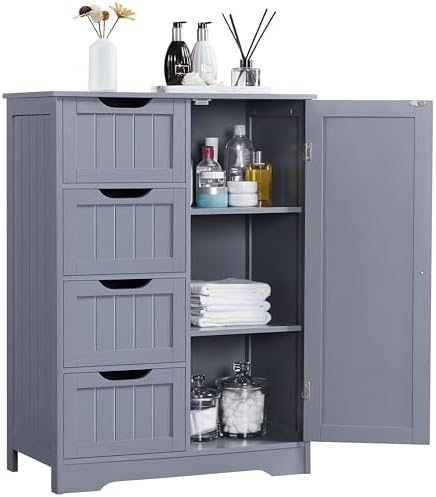 Yaheetech Bathroom Storage Cabinet with 4 Beadboard Drawers and Door, Gray by Yaheetech