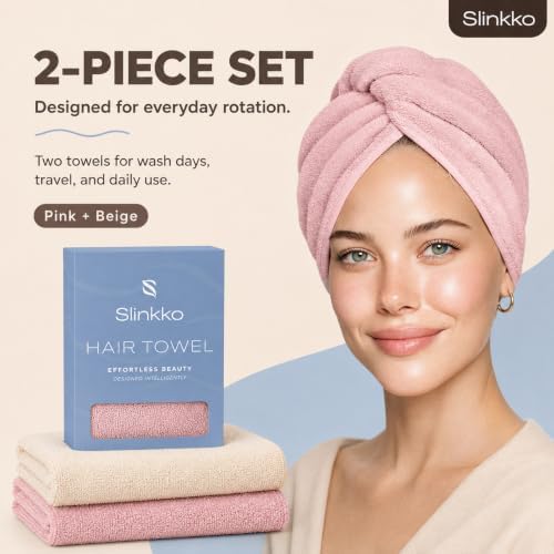 Microfiber Hair Towel Wrap for Women – Ultra Absorbent Quick Dry Turban | Button & Loop Design | Soft Lightweight Fabric | Reduces Frizz & Breakage | All Hair Types | Pink & Beige - Image 3