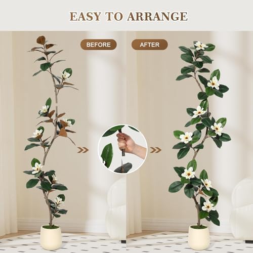 Artificial Magnolia Tree, Tall Faux Plant Indoor with White Flowers in White Planter, Artificial Trees for Home Decor Indoor, Faux Trees Indoor for Living Room Office,7FT - Image 3