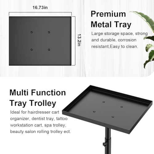 Salon Tray on Wheels, Salon Tray Cart Tattoo Tray Rolling Trolley, Hair Stylist Tray Height Adjustable, Dental Tray Hairdresser Tray Rolling Table Tray Cart (Black) - Image 2