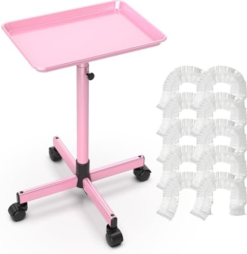 TASALON Rolling Salon Service Cart with Tray Top, Height Adjustable, Aluminum Rolling Tray Trolley for Salon Essentials, Adjustable Heightfor Hairstylist Tray 10 PCS Disposable Salon Tray Cover,Pink by TASALON