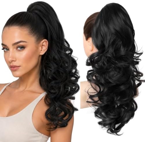 REECHO Ponytail Extension, 18" Clip in Ponytail Hair Extensions for Women, Short Wavy Synthetic Pony Tail Hairpiece for Daily Wear Cheer Dance,Natural Black by REECHO
