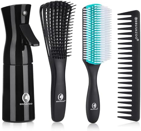 BRUSHZOO Detangling Brush with Hair Spray Bottle, Wide Tooth Comb for Women, Men, and Kids - 9 Row Brush with Detangler for Natural 3/4abc Curly Hair by Brushzoo