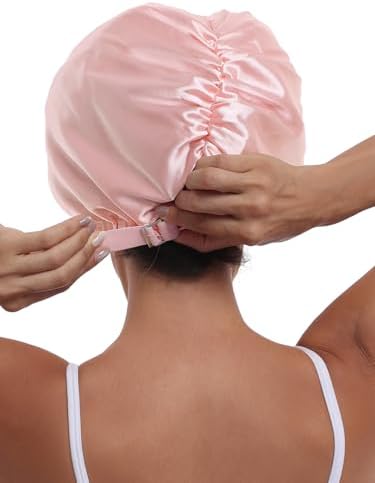 Double Layer Satin Bonnet with Eye Mask Adjustable Silk Sleep Cap Turban Style Hair Wrap for Curly Hair Pink - Image 5