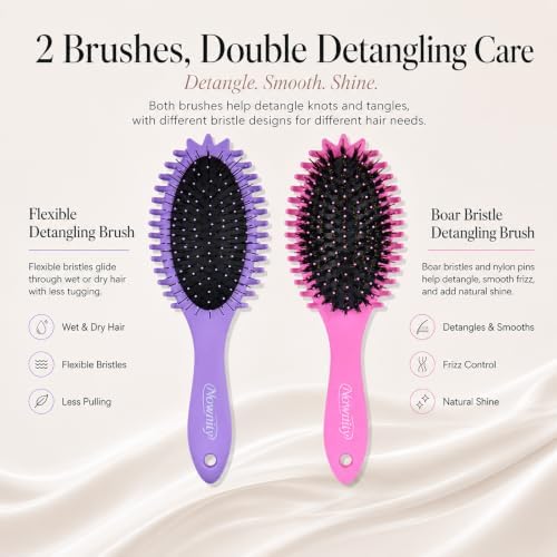 2 Pack Detangling Hair Brush Set with Boar Bristle Brush & 2 Cleaning Brushes, Wet & Dry Hair Brushes for Curly, Wavy, Thick Hair, Gentle No-Pull Detangler for Women, Kid (Pink+Purple) - Image 2