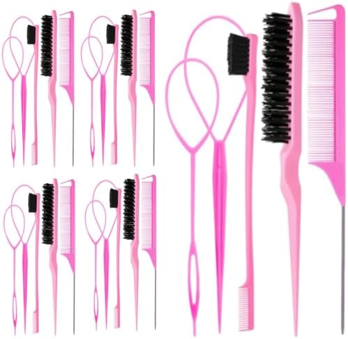 25Pcs Hair Styling Combs Set Include 10 Pcs Topsy Hair Tail Tools 5pcs Rat Tail Comb,5 Bristle Teasing Slick Back hair Brush,5 Edge Control Brush,Eyebrow Brush for Woman Girl Pink by Aigee