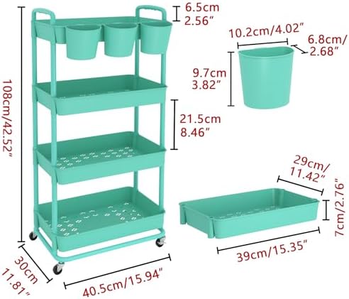 JIUYOTREE 4-Tier Plastic Rolling Storage Cart Utility Cart with Extra Hanging Cups Handles Lockable Wheels for Living Room Bathroom Kitchen Office Green - Image 2