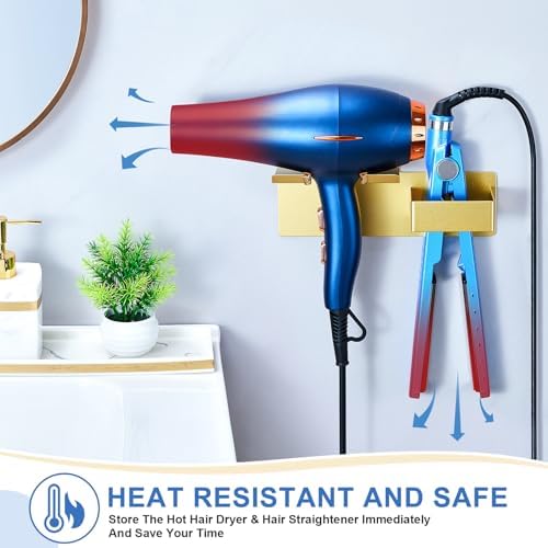 Hair Dryer Holder Wall Mounted, Hair Straightener Holder Metal, Adhesive Blow Dryer and Hair Straightener Holder, Bathroom Bedroom Hair Tool Organizer for Flat Iron,Curling Iron,Hairdryer (Gold) - Image 4