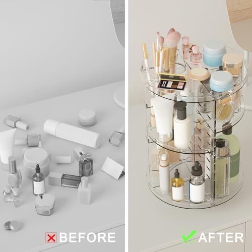 Rotating Makeup Organizer, DIY 8 Adjustable Layers Spinning Skincare Storage, Cosmetic Display Case with Brush Holder and Perfume Tray, Multi-Function Vanity Bathroom Countertop Organizer Clear - Image 5