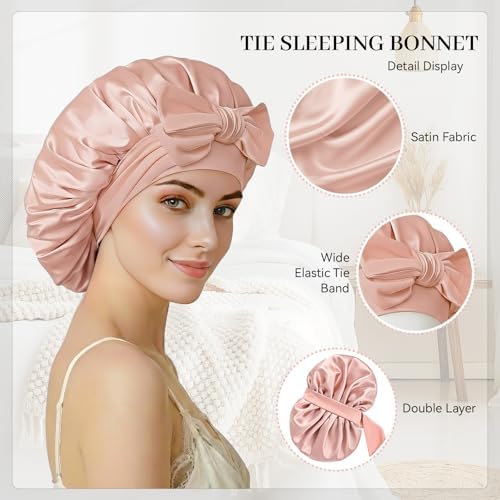 Silk Bonnet for Sleeping Satin Hair Bonnet Double Layer Adjustable Sleep Cap with Elastic Tie Band - Image 4