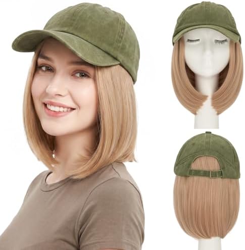 SEGO Unisex Vintage Baseball Cap with Hair Extensions for Women Synthetic Hair Attached Short Straight Hairpiece Olive Green Baseball Cap Wig Adjustable Hat Wigs for Women 6 Inch 18A Light Blonde by SEGO