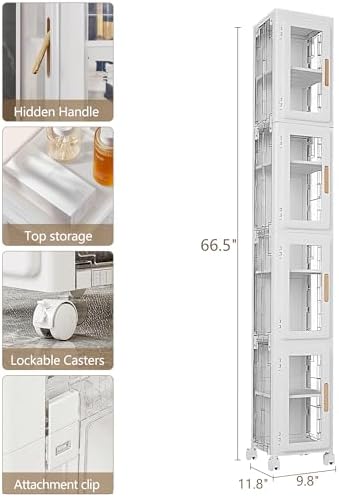 VECELO 4 Tier Tall Plastic Slim Storage Cabinet with Lockable Wheels, Adjustable Shelves, Anti-Tip for Bathroom, Living Room, Laundry Room, Kitchen, Narrow/Small Space, Easy Assembly, Clear - Image 3