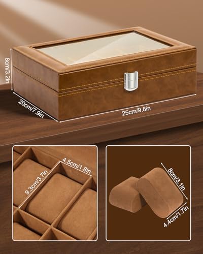 Uten 10-Slot Watch Box, PU Leather Watch Case with Glass Lid, Brown - Image 3