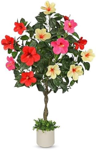 Briful 47" Artificial Hibiscus Tree with 3 Colors Flowers, Fake Tropical Plant in Pot, Tall Faux Flower Tree for Indoor Outdoor Decor, Realistic Silk Hibiscus & Braided Trunk, Potted Home Office Patio by Briful